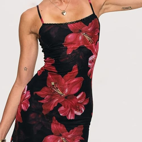 Image of Women Floral Mini Dress Bohemian Spaghetti Strap Sleeveless Bodycon A-Line Dress Short Cami Swing Dress Clubwear Y2K