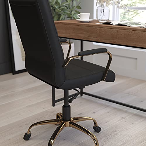 Merrick Lane Milano Contemporary High-Back Black Faux Leather Home Office Chair With Padded Gold Arms #TOP3