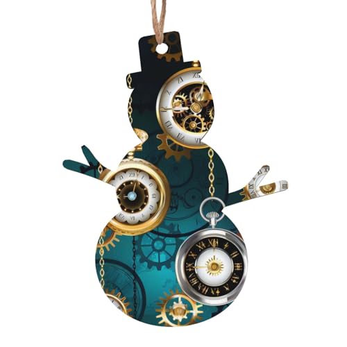 Vintage Steampunk Clocks and Gears Christmas Wooden Ornaments Wood Hanging Decorations for Christmas Tree Hanging Wood Crafts Holiday Decor Xmas Party Supplies Snowman Shape 2 Pcs