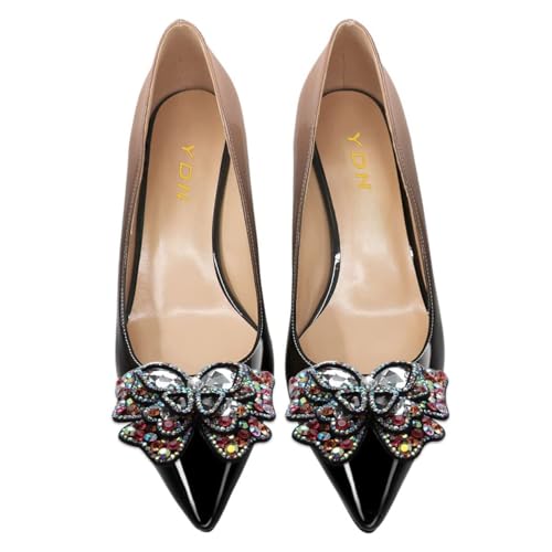 YDN Women's Fashion Low Kitten Heel Slip On Pumps Pointed Toe Butterfly Rhinestones Shoes Wedding Dress Event Size 4-16 US3