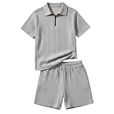 QJDFLL 2026 Sommerliches Outfit für Jungen: Pullover mit Viertelreißverschluss Shorts, lässiges, sportliches Zweiteiler-Set für (Grey, 11-12 Years)