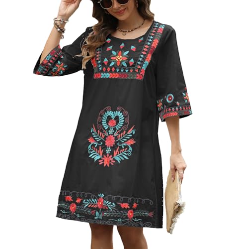 Image of Higustar Mexican Embroidered Dress Summer Cotton Bohemian Flower Peasant Traditional Mexico Fiesta Boho Dresses for Women