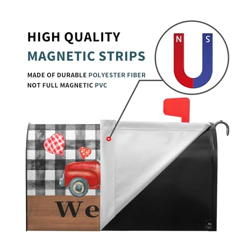 Image of Valentine's Day Mailbox Covers Magnetic Black and White Buffalo Plaid Heart Mailbox Cover Standard Size 25.5 x 21 Holiday Welcome Mailbox Wrap Post Letter Box Cover Decorative for Home Outdoor Garden