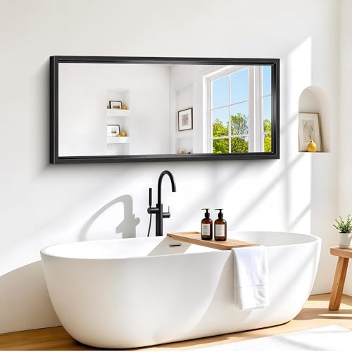 Image of Black Full Length Mirror, 60x28 inch Large Bathroom Mirrors for Over Sink, 0.6 inch Thickened Deep Frame Rectangular Wall Mirror, Brushed, Tempered Glass, Antirust, Horizontally /Vertically