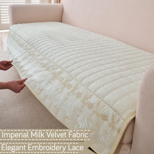 Image of HOKIPO 'BelleLace Series' Sofa Mat for 3 Seater and 2 Seater Sofa | Imperial Milk Velvet Sofa Cover with Lace Design | Pearl White (AR-5966+5964-WHT)