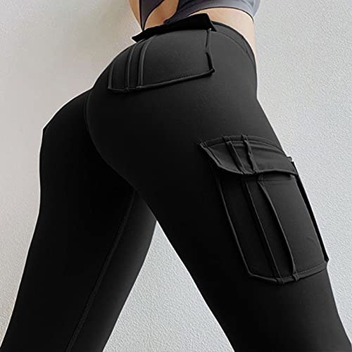 Women's Cargo Yoga Leggings With 4 Pockets Stretchy High Waisted Tummy Control Yoga Athletic Workout Pants Gym Tights Black #TOP1