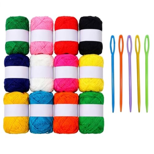 Image of 12 Color Wool Oon Yarn Balls Set with Plastic Needles for Knitting & DIY Crafts | Soft Acrylic Yarn for Beginners, Kids Craft Kit, Crochet & Embroidery Supplies