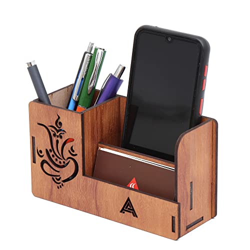 Image of Insignia World Pen Stand With Visiting Card & Mobile Holder Multipurpose Wooden Desk Organizer Pen And Pencil (Design 4) - Automobiles, Brown