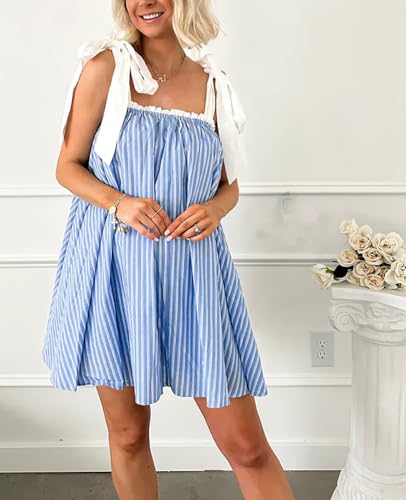Image of Women Floral Tie Shoulder Mini Dress Cute Square Neck Loose Fit Beach Short Dress Backless Boho Vocation Sundress