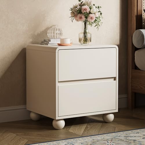 Image of MAISONARIA Curved Nightstand Set of 2, Modern Nightstand with 2 Large Storage Drawers, Wooden Endside Table for Bedroom, Beige
