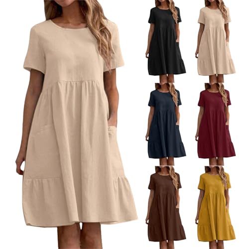 Womens Summer Cotton Linen Dress Short Sleeve Crewneck T Shirt Dresses Casual Flowy Maxi Tunic Beach Dress4