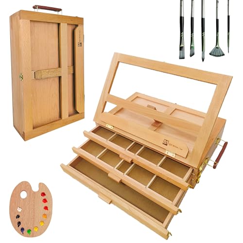 Caballete mesa plegable profesional REMBRANDT, Altura Ajustable lienzos para pintar, Caballete Madera de Haya con 3 cajones para pinturas, atril pintura para adultos, niños, principiantes