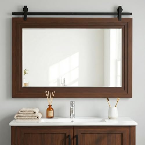 40" Farmhouse Bathroom Mirror for Wall Decor, Horizontal Hanging, Brown