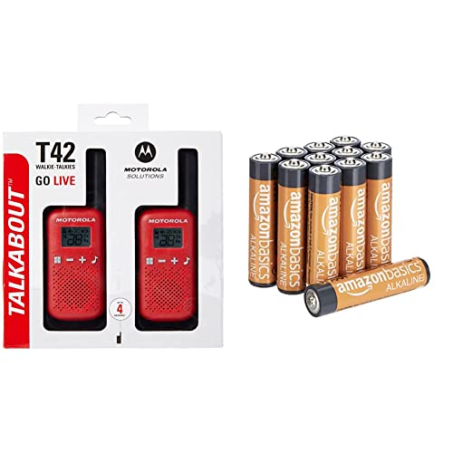 Motorola T42 RED - Walkie Talkie PMR446, 16 Canales, Alcance 4 km, Rojo, 2 Unidades + Amazon Basics - Pilas alcalinas AAA 'Performance' (Paquete de 12) - Diseño variable