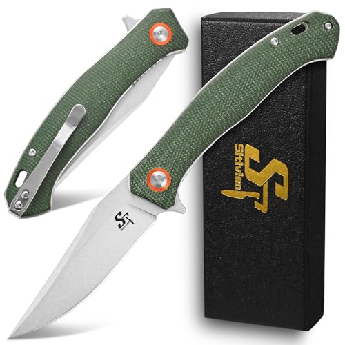 Sitivien ST112 Folding Knife, D2 Blade and Micarta Handle EDC Tool Knife with Pocket Clip for Outdoor Camping Hiking Survival(Army green)