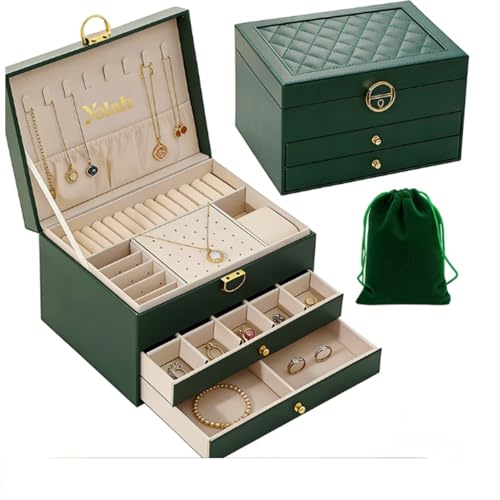 YOLAH Large Jewelry Box Organizer for Women, 3 Layer PU Leather Jewelry Lockbox with Drawers, Travel Jewelry Case for Rings, Earrings, Necklaces, Bracelets & Accessories (Green) by YOLAH - Used condition - US$17.29