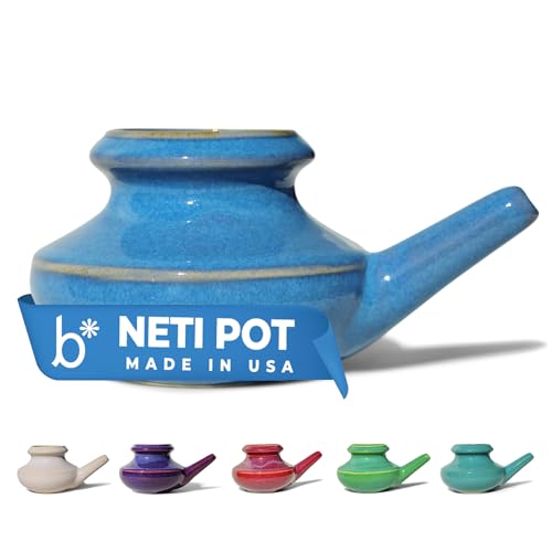Baraka Handcrafted Ceramic Neti Pot - Nasal Rinse Tool for Home Clears Nasal Passages Hydrates Sinuses Dishwasher Safe Durable Food Grade Ceramic Glazes Lightweight Easy to Use - 10oz (Blue)