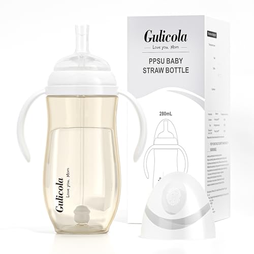 Image of Gulicola Baby Bottle with Straw, Weighted Straw Sippy Cup with Handle, BPA Free PPSU, 6 Months Plus, 9 oz - Clear