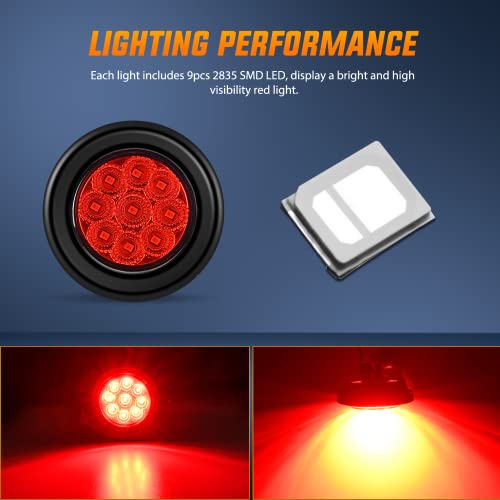 Image of Nilight 2 inch Round Marker Light 2PCS Red 9LED Indicator Clearance Lights | Flush Mount With Plug Grommet Pigtail Hardwired For 12V Truck Trailer Tractor Buses Vans Boat Mechanical Lighting Lamps