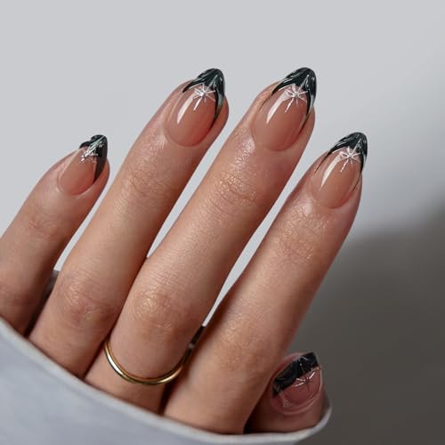 BTArtbox Halloween Press On Nails, Black French Tip Nails, 32 Pcs Full Kit