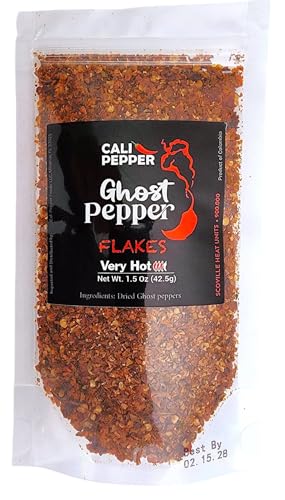Cali Pepper Ghost Pepper Flakes, 1.5 oz (42.5 g), Very Hot 900,000+ SHU Crushed Bhut Jolokia Peppers, Resealable Pouch for Pizza, Wings, Chili, Hot Sauce