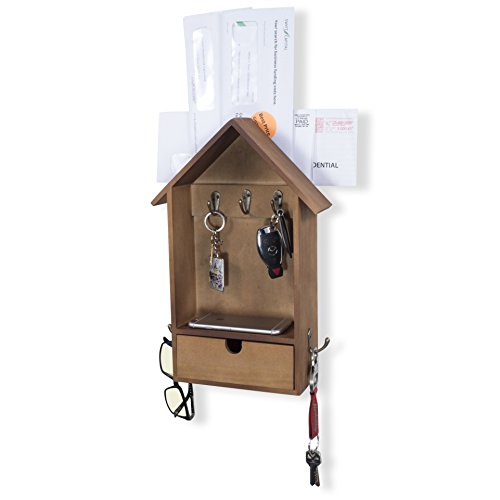 Brightmaison Key Holder for Wall - Decorative Key Hooks and Mail Holder Organizer with Drawer Storage - Wall Mount Entryway Coat Rack Wood Walnut