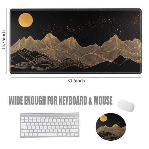 Image of Large Mouse Pad Gaming Desk Pad Black and Gold Mountain Mousepad XXL Desk Mat 31.5''X15.75'' Extended Mouse Mat of Girl Desktop Work Computer