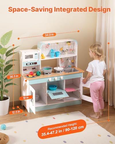 Image of VEVOR Wooden Play Kitchen Toy, Play Kitchen for Kids with Lights and Sounds, Toddler Kitchen with Ice Maker, Oven, Sink, Microwaves, Fridge and Utensil and Fruit Accessory for Toddlers, White
