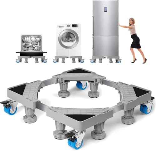 WUFANC Waschmaschine Sockel Untergestell mit 8 Füßen+4 Räder für Waschwaschine,Kühlschrank und Trockner, Waschmaschinensockel Verstellbare 41-64cm, Bärenlast 300KG, Rutschfest und Stoßdämpfend.