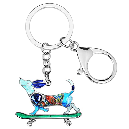 Porte-clés teckel en métal émaillé bleu avec strass pour femme