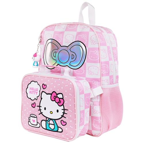 Sanrio Hello Kitty Mochila estampada com lancheira removível e pingente 3D, branca/rosa, 43 x 30 cm L x 12 cm