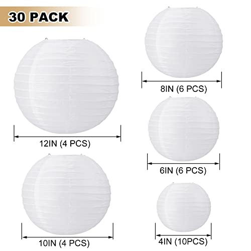White Paper Lanterns 4" 6" 8" 10" 12", Chinese Lanterns for Outdoor Indoor, Hanging Decorations, Lampshades Assorted Sizes for Wedding Festival Party