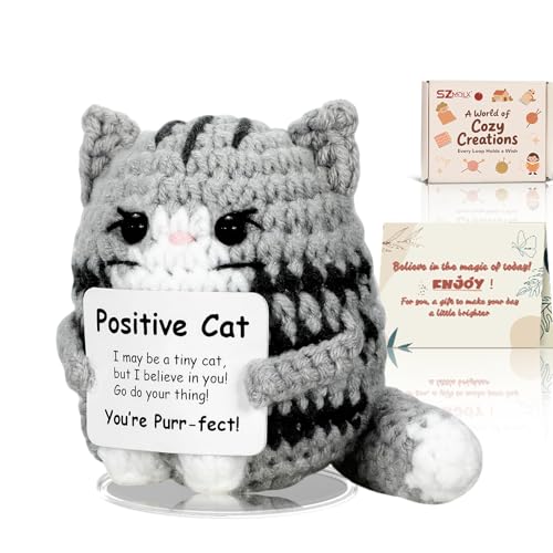 SZMDLX Handmade Positive Crochet Cat Funny Emotional Support Animals with Gift Box Cute Desk Decor Crochet Kitten Thoughtful Birthday Gifts for Women Teachers Colleagues