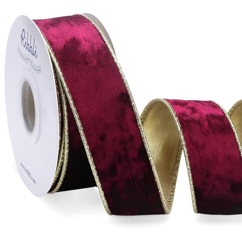 Image of Ribbli Burgundy Velvet Wired Ribbon 1.5 Inch Metallic Burgundy Red Gold Crushed Velvet Christmas Ribbon for Gift Wrapping Christmas Tree Decoration Crafts Wreaths Supplies-Continuous 10 Yards