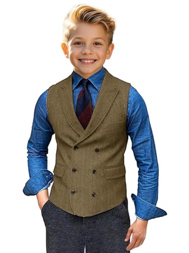 Boy's Herringbone Tweed Suit Double Breasted Slim Fit Vest Wool Blend Prom Waistcoat Wedding