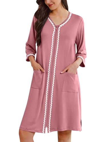 Image of Ekouaer Zipper Robes for Women 3 /4 Sleeves Lightweight House Coat Zip Up Bathrobe Soft Nightgown with Pockets S-3XL