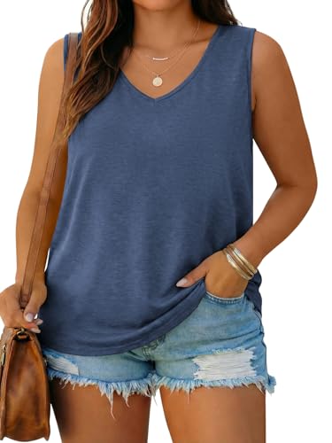 Beautife Womens Plus Size Tank Tops Summer Sleeveless V Neck T Shirts Casual Loose Fit Basic Tees Tunic Tops Navy Blue