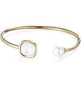 PAENENPH 14K Gold Freshwater Pearl Open Cuff Bangle for Women,Exquisite Design Crystal Open Bangl...