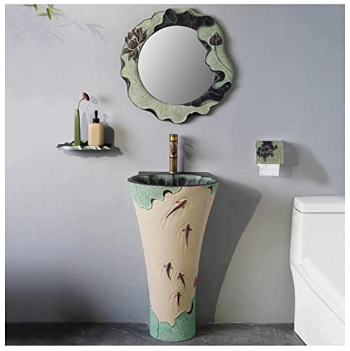 Yrra Pedestal Bathroom Sink Art Lotus Pedestal Sink - Resin + Stone Powder Material Hand Carved Wash Basin For Indoor And Outdoor, Scratch And Stain Resistant,With Mirror(A Style) #TOP5