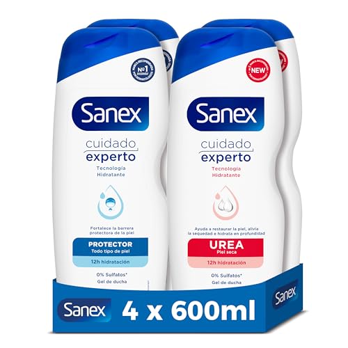 Sanex - Geles de Ducha - Pack 4 x 600ml - 2x Cuidado Experto + 2x Urea - Con Tecnología Hidratante - Hidratación Profunda y Duradera - Restaura la Piel - Alivia la Sequedad - 12 Horas de Hidratación