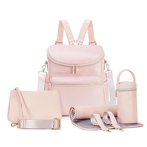 Image of Minsong Diaper Bag Backpack, Fashion Leather Mommy Backpacks, Travel Baby Diaper Bags with in Bag Organizer and Changing Pad (Pink)