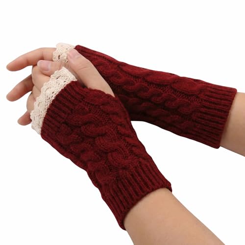 Image of Kraptick Women's Cable Knit Fingerless Gloves - Winter Arm Warmers with Elegant Lace Trim & Thumb Hole - Soft Woolen Thermal Half Finger Mittens for Typing, Driving & Office Work (Free Size, khaki)-1
