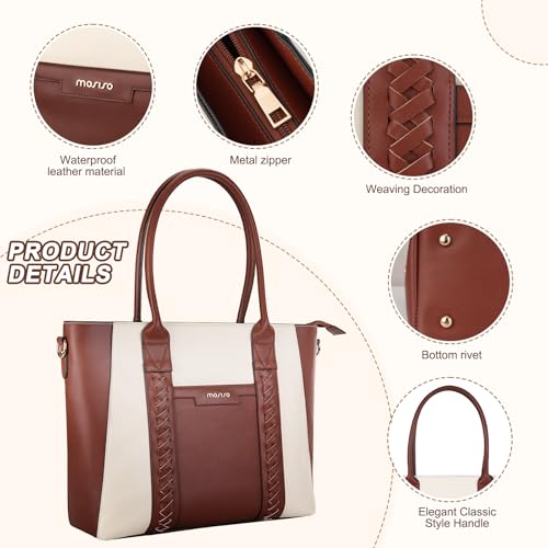 MOSISO Laptop Tote Bag for Women, 15.6 inch PU Leather Work Bag with Double Weave Strips & Clutch Purse, Waterproof Computer Briefcase Shoulder Handbag for Business Office, Brown4