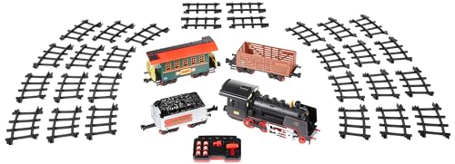 Image of Amazon Basics Remote Control Steam Engine Hobby Train Set with Tender and Gondola and Caboose Smoking, working light and realistic sounds Age 3 or up Perfect for Kids, Multicolor
