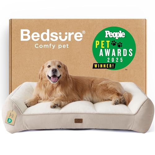 Image of Bedsure SupportMax XL Plus Orthopedic Dog Beds Large Sized Dog - Extra Thick Supportive Dogs Couch with Waterproof Washable Cover, Jumbo Comfort Pet Sofa with Soft Sherpa & Nonskid Bottom, Beige, 48 inch