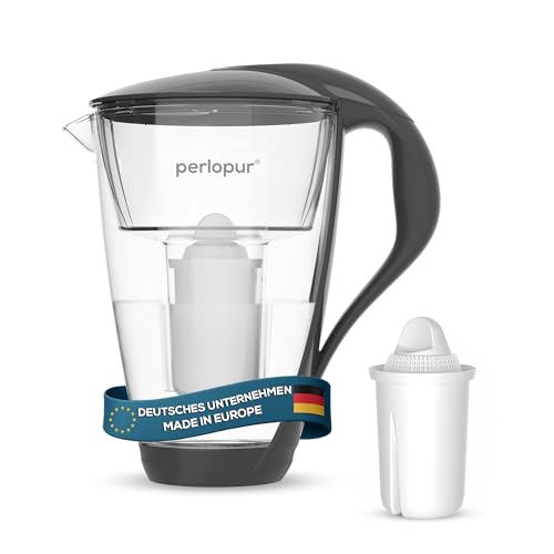 PearlCo Glas-Wasserfilter (anthrazit) Glaskanne mit 1 Classic Filterkartusche – Reduzierung von Kalk & Schwermetall – Schützt Geräte – Besserer Geschmack von Kaffee & Tee – Made in EU