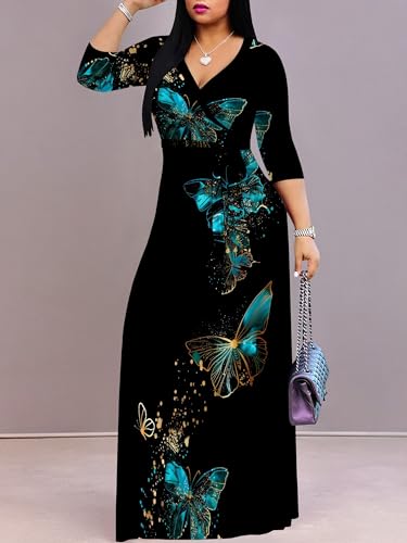Image of SUZONANA Plus Size Dresses for Women Print Maxi Dresses Flowy 3 /4 Sleeve with Belt