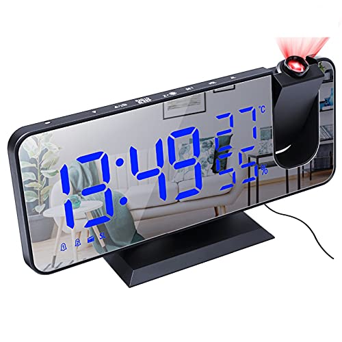 Réveil numérique à Projection LED - Réveil Miroir Moderne avec projecteur 180 °, Réveil Multifonctionnel par humidité à Projection Radio (Black) Cover
