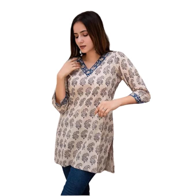Women’s ryaon Kurti with Floral Print, V-Neck, 3/4 Sleeves, Beige and Blue Trim 1062_Short Kurti