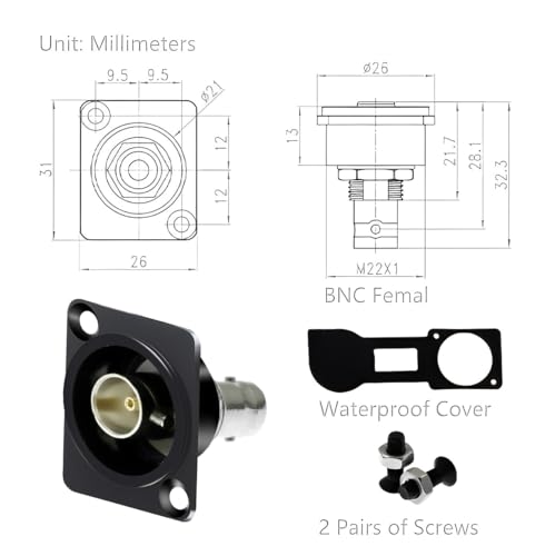 Conector de panel BNC D-Type 75 Ohm Negro miniatura 6